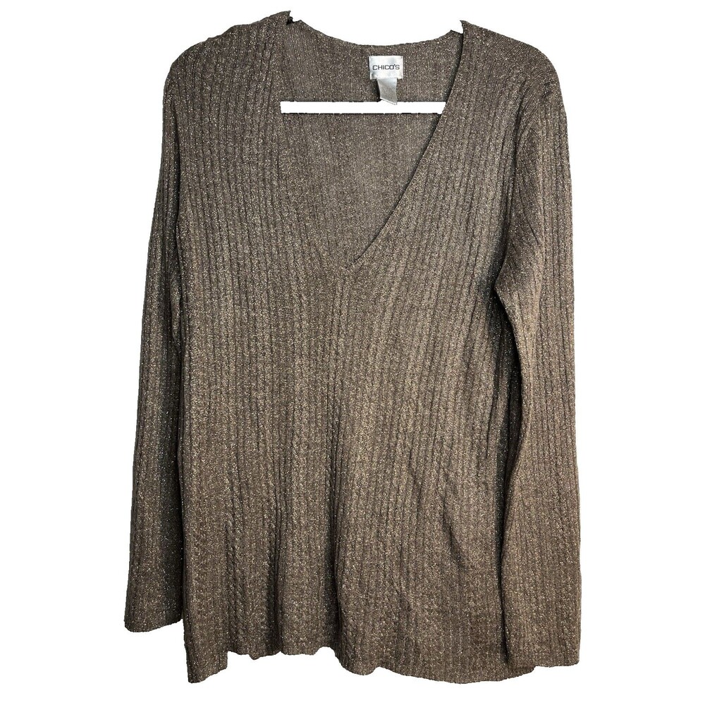 Chicos Brown Mix Metallic Long Sleeve KnitLayering Knit Top Blouse sz 2 / L (15)